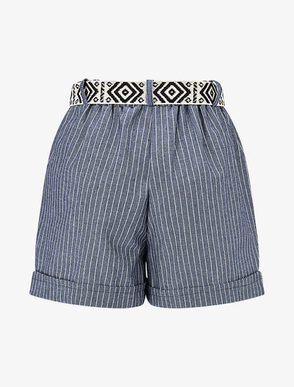 Short rayé ceinturé à revers - Bleu - 2