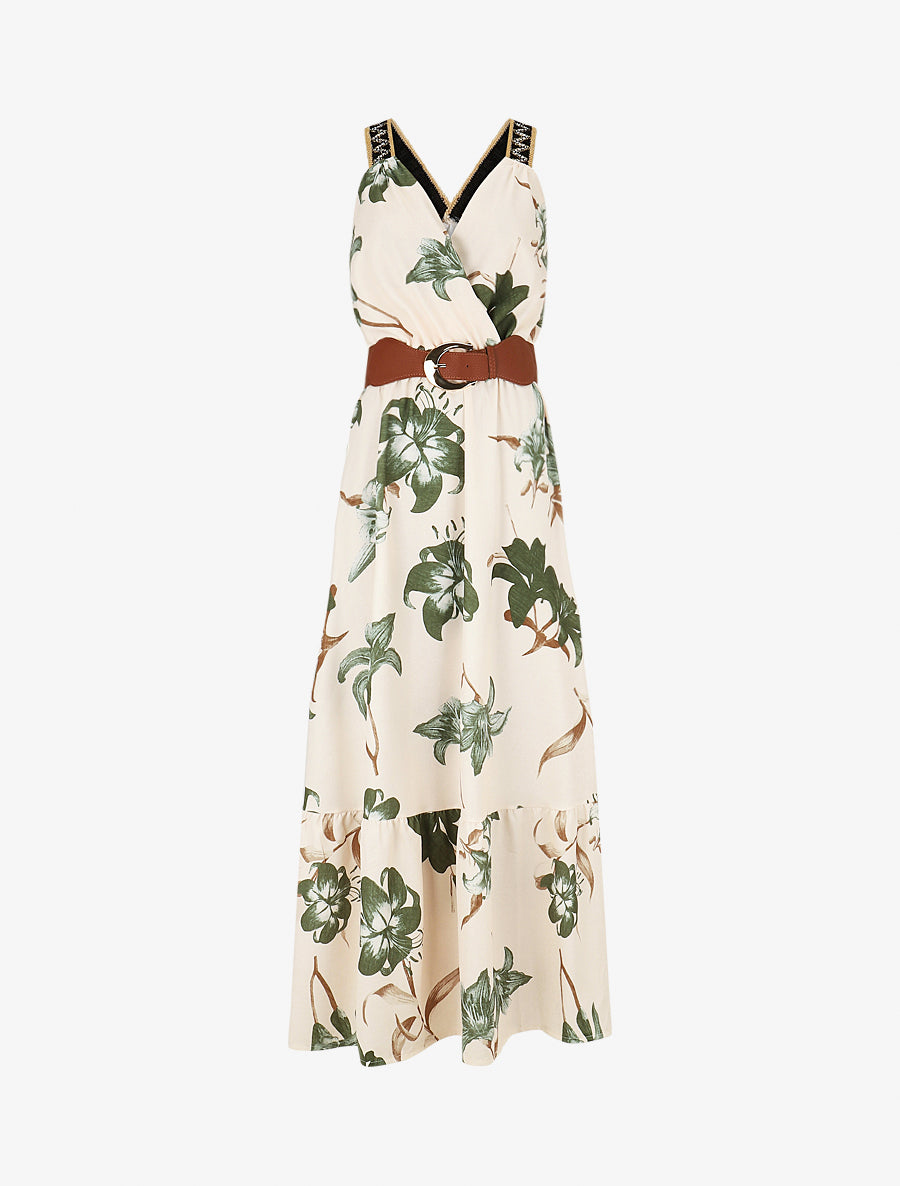 Robe longue élastiquée imprimé fleuri - Kaki - 1