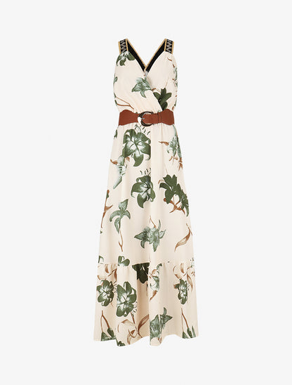 Robe longue élastiquée imprimé fleuri - Kaki - 1