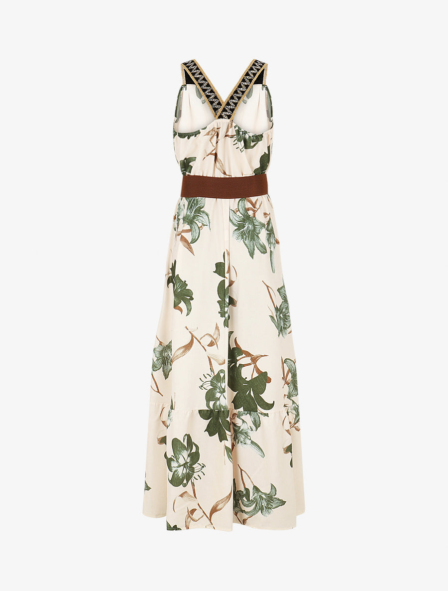 Robe longue élastiquée imprimé fleuri - Kaki - 2