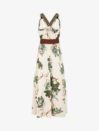 Robe longue élastiquée imprimé fleuri - Kaki - 2