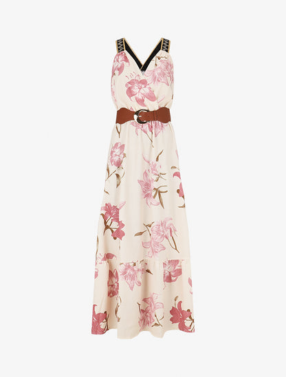 Robe longue élastiquée imprimé fleuri - Rose - 1