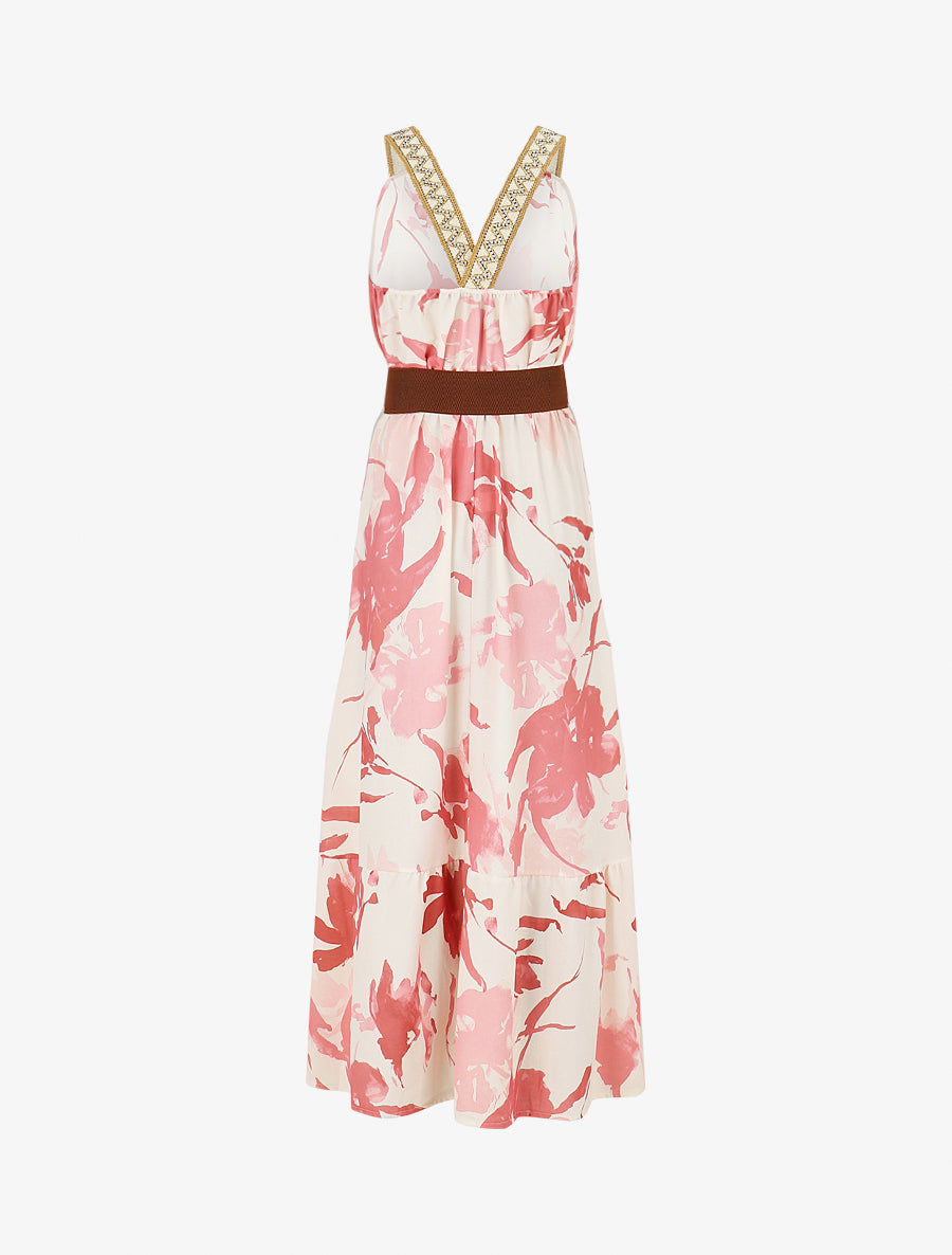 Robe longue élastiquée imprimé abstrait - Rose - 2