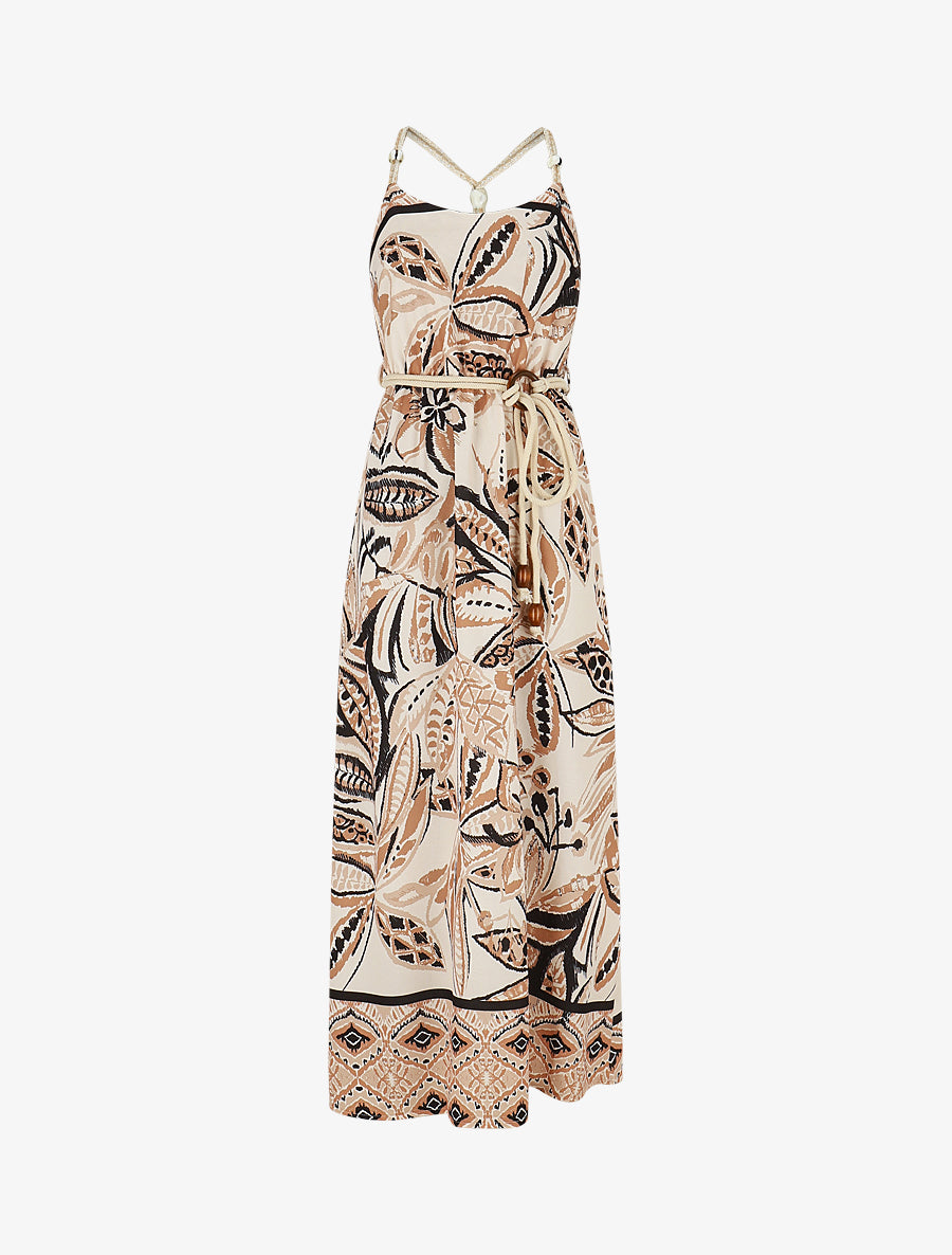 Robe longue imprimé fleurs tropicales à bretelles en corde - Beige - 1