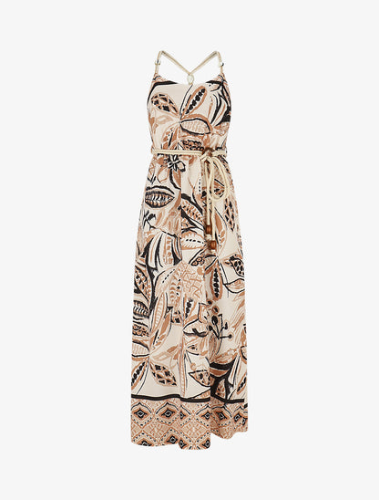 Robe longue imprimé fleurs tropicales à bretelles en corde - Beige - 1