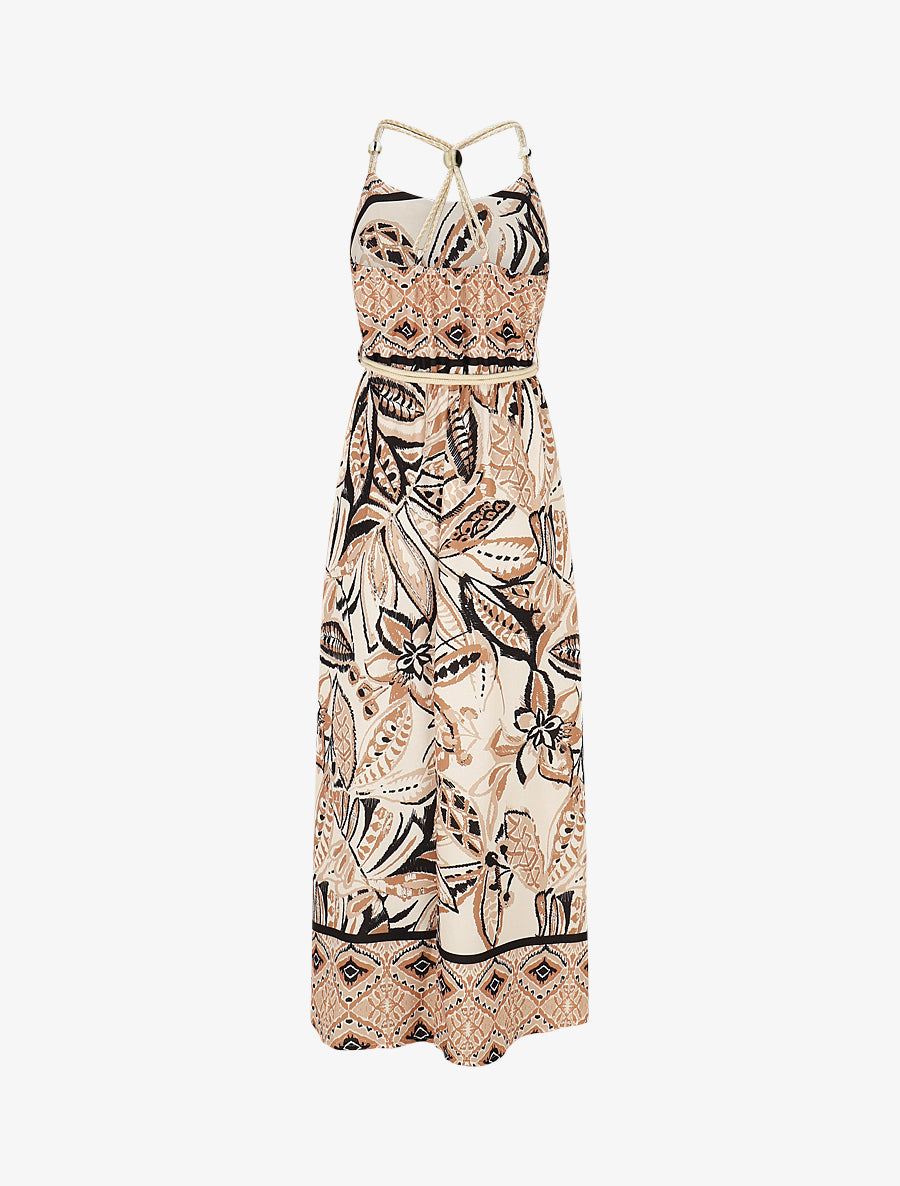 Robe longue imprimé fleurs tropicales à bretelles en corde - Beige - 2