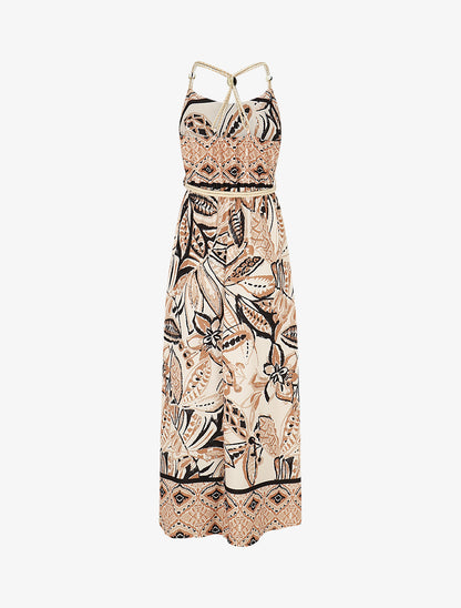 Robe longue imprimé fleurs tropicales à bretelles en corde - Beige - 2