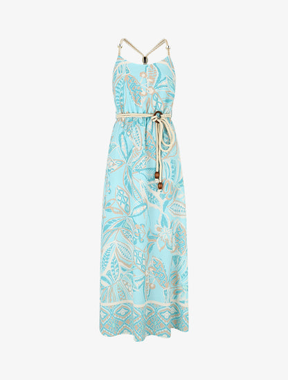 Robe longue imprimé fleurs tropicales à bretelles en corde - Bleu ciel - 1
