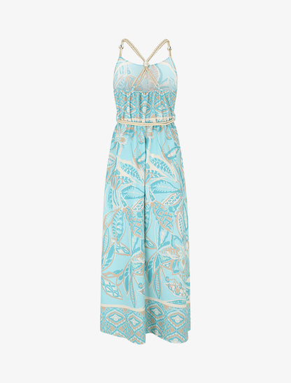 Robe longue imprimé fleurs tropicales à bretelles en corde - Bleu ciel - 2