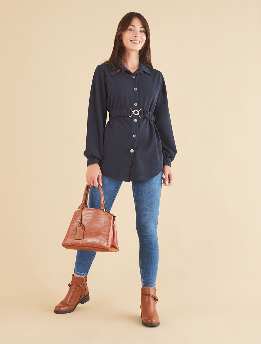 Chemise cintrée à ceinture élastique - Marine - 4