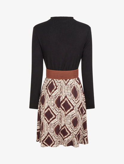Robe évasée bi-matière imprimé fantaisie - Marron - 2