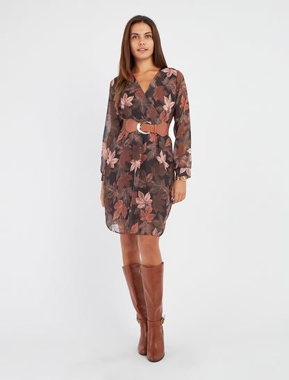 Robe cache-cœur voile imprimé feuilles - Marron
