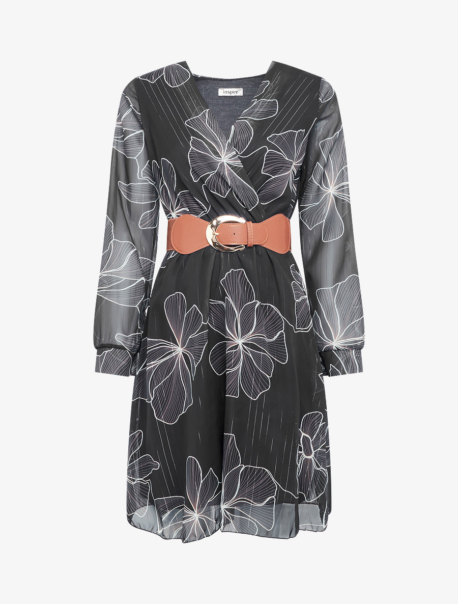 Robe mi-longue évasée imprimé floral - Noir - 1