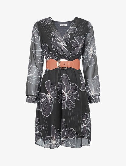 Robe mi-longue évasée imprimé floral - Noir - 1