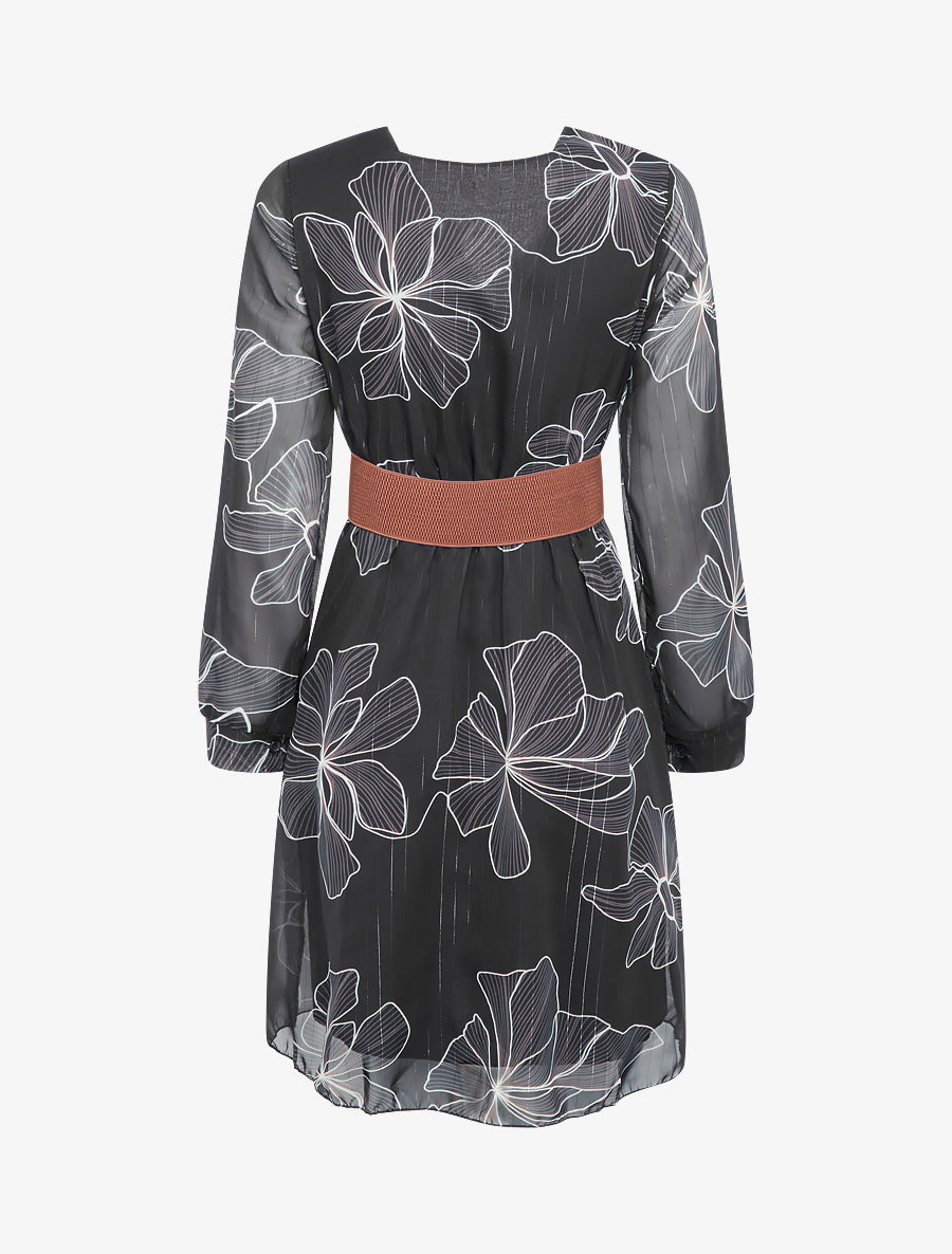 Robe mi-longue évasée imprimé floral - Noir - 2