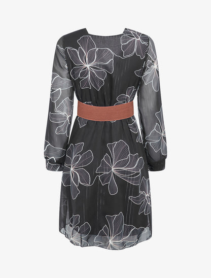 Robe mi-longue évasée imprimé floral - Noir - 2