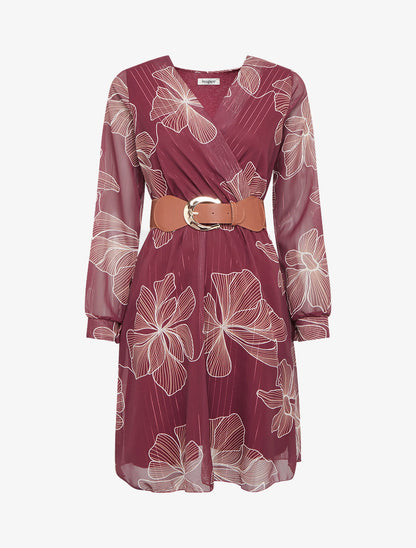 Robe mi-longue évasée imprimé floral - Bordeaux - 1