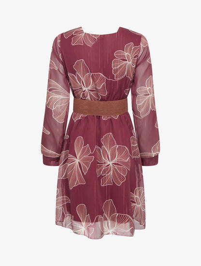 Robe mi-longue évasée imprimé floral - Bordeaux - 2