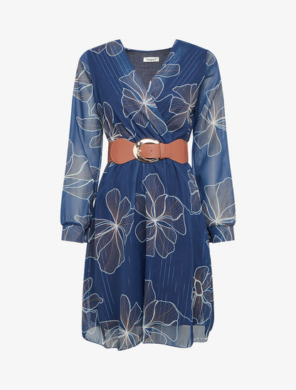 Robe mi-longue évasée imprimé floral - Marine - 1