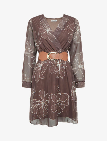 Robe mi-longue évasée imprimé floral - Marron - 1