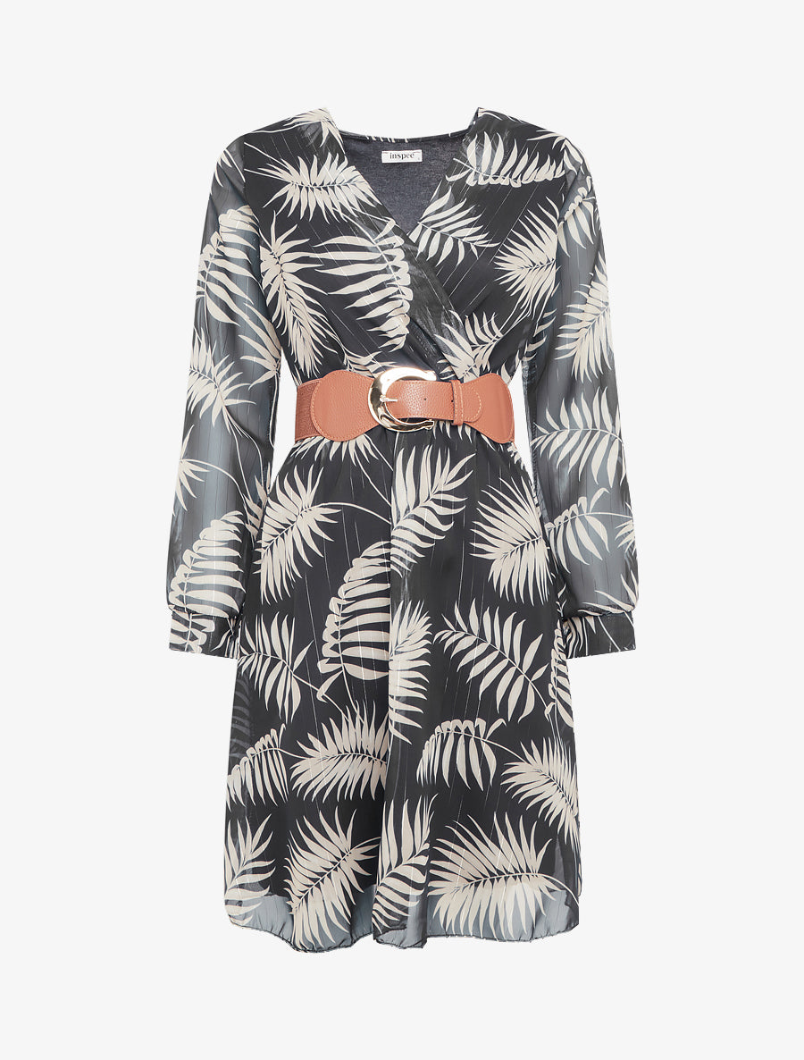 Robe mi-longue évasée imprimé feuilles tropicales - Noir - 1