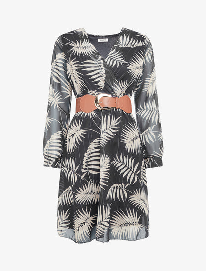 Robe mi-longue évasée imprimé feuilles tropicales - Noir - 1