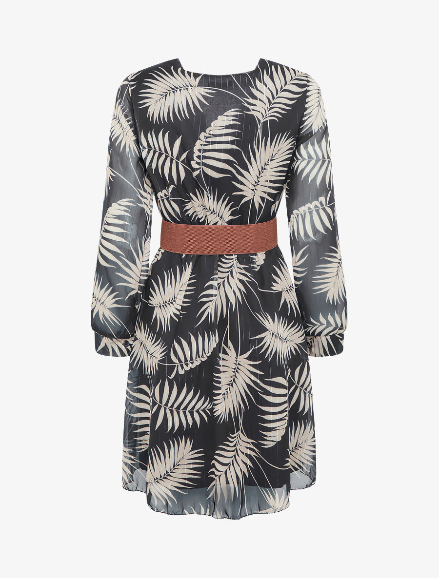 Robe mi-longue évasée imprimé feuilles tropicales - Noir - 2