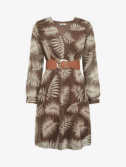 Robe mi-longue évasée imprimé feuilles tropicales - Marron - 1