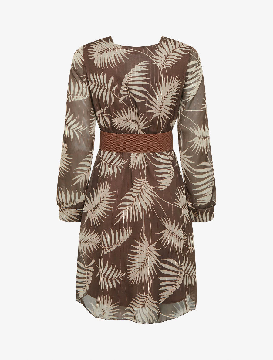 Robe mi-longue évasée imprimé feuilles tropicales - Marron - 2