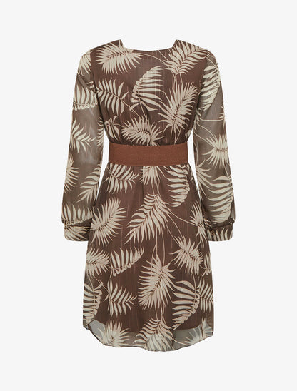 Robe mi-longue évasée imprimé feuilles tropicales - Marron - 2