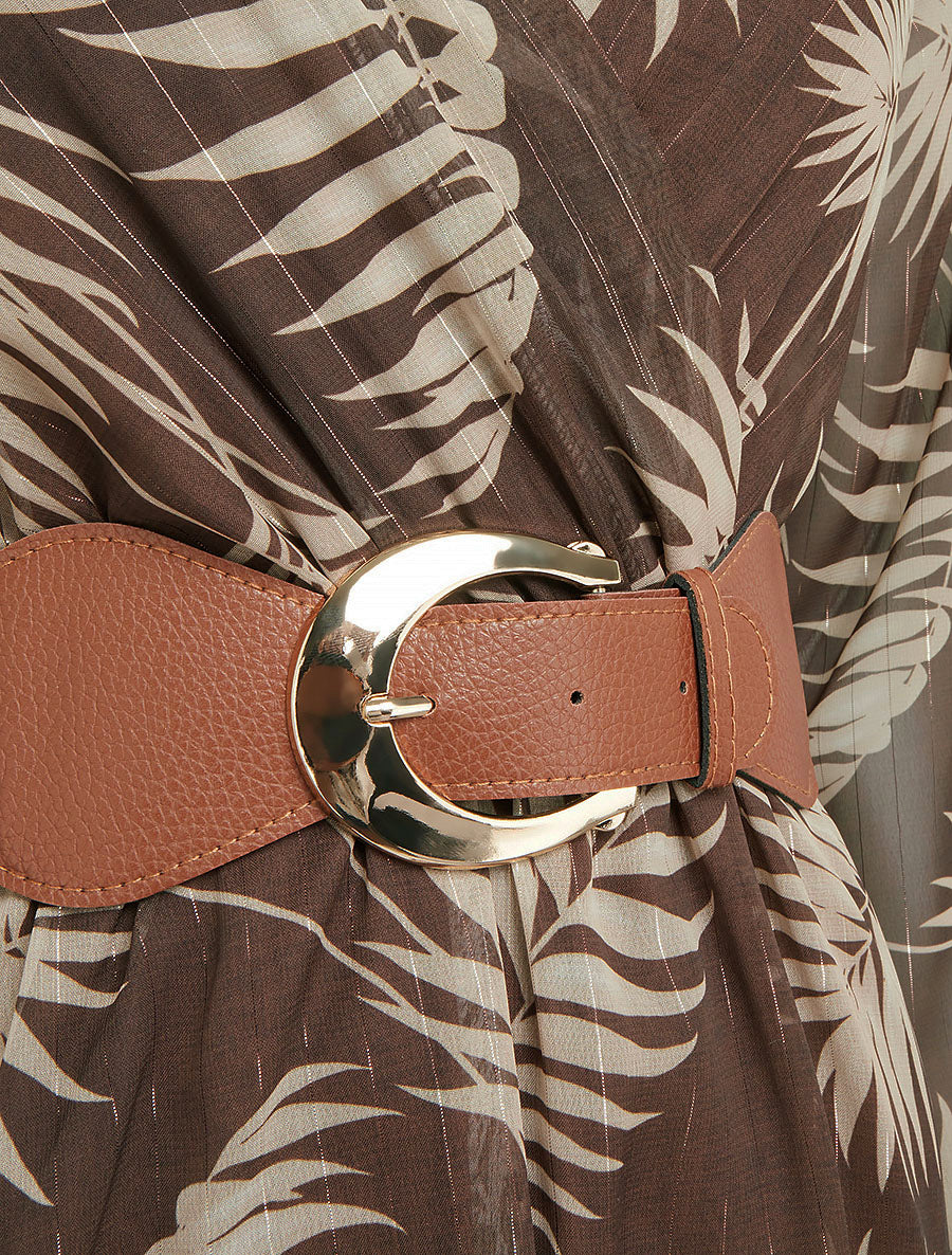 Robe mi-longue évasée imprimé feuilles tropicales - Marron - 3