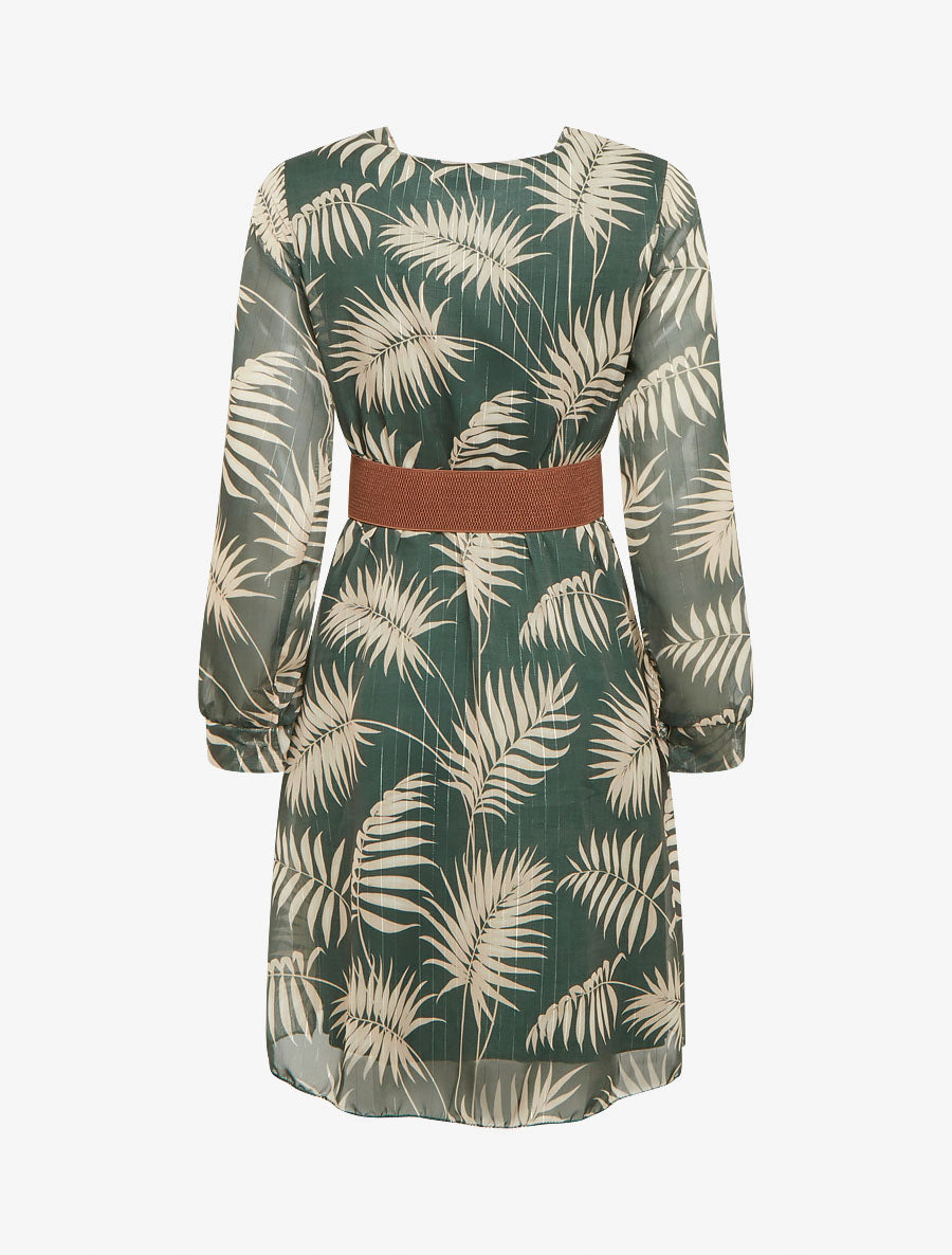 Robe mi-longue évasée imprimé feuilles tropicales - Vert - 2