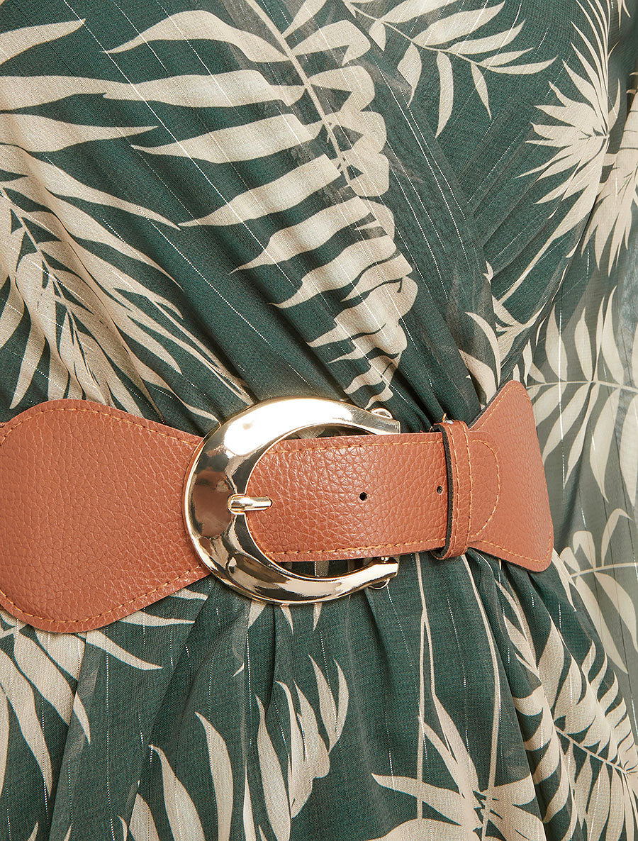 Robe mi-longue évasée imprimé feuilles tropicales - Vert - 3