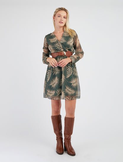 Robe mi-longue évasée imprimé feuilles tropicales - Vert - 8