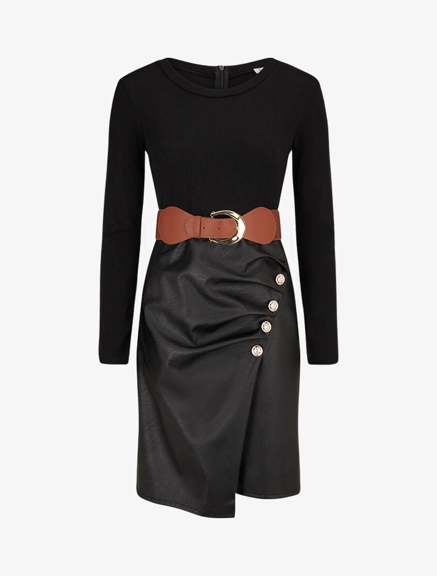 Robe bimatière jupe plissé à boutons - Noir - 5