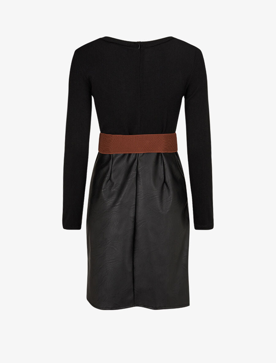 Robe bimatière jupe plissé à boutons - Noir - 2