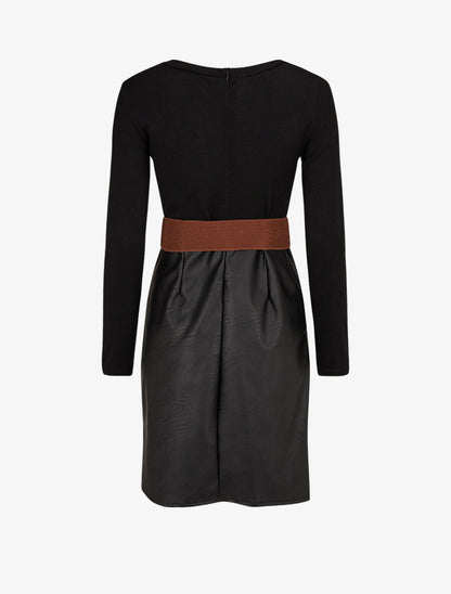 Robe bimatière jupe plissé à boutons - Noir - 2