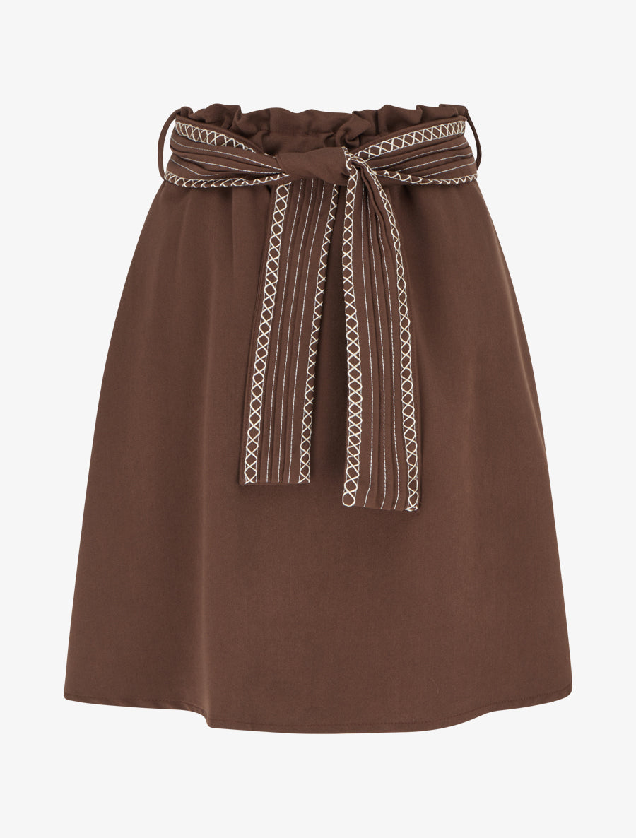 Jupe courte patineuse ceinturée - Marron - 1