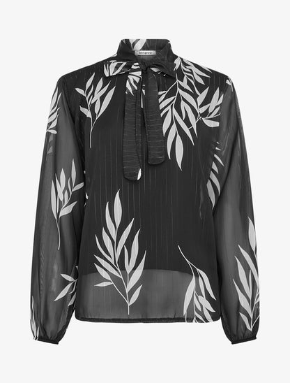 Top lavallière en voile imprimé feuilles - Noir - 1