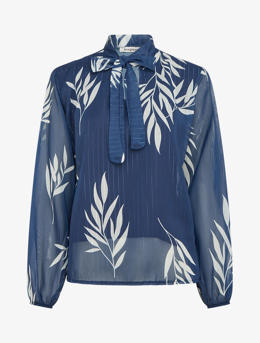 Top lavallière en voile imprimé feuilles - Marine - 1