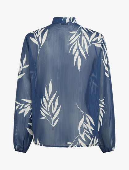 Top lavallière en voile imprimé feuilles - Marine - 2