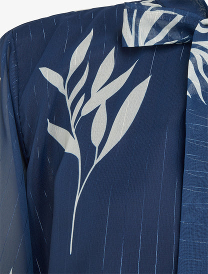 Top lavallière en voile imprimé feuilles - Marine - 3