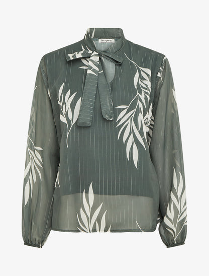 Top lavallière en voile imprimé feuilles - Kaki - 1