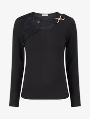 Pull à détail dentelle et empiècement métallique - Noir - 1