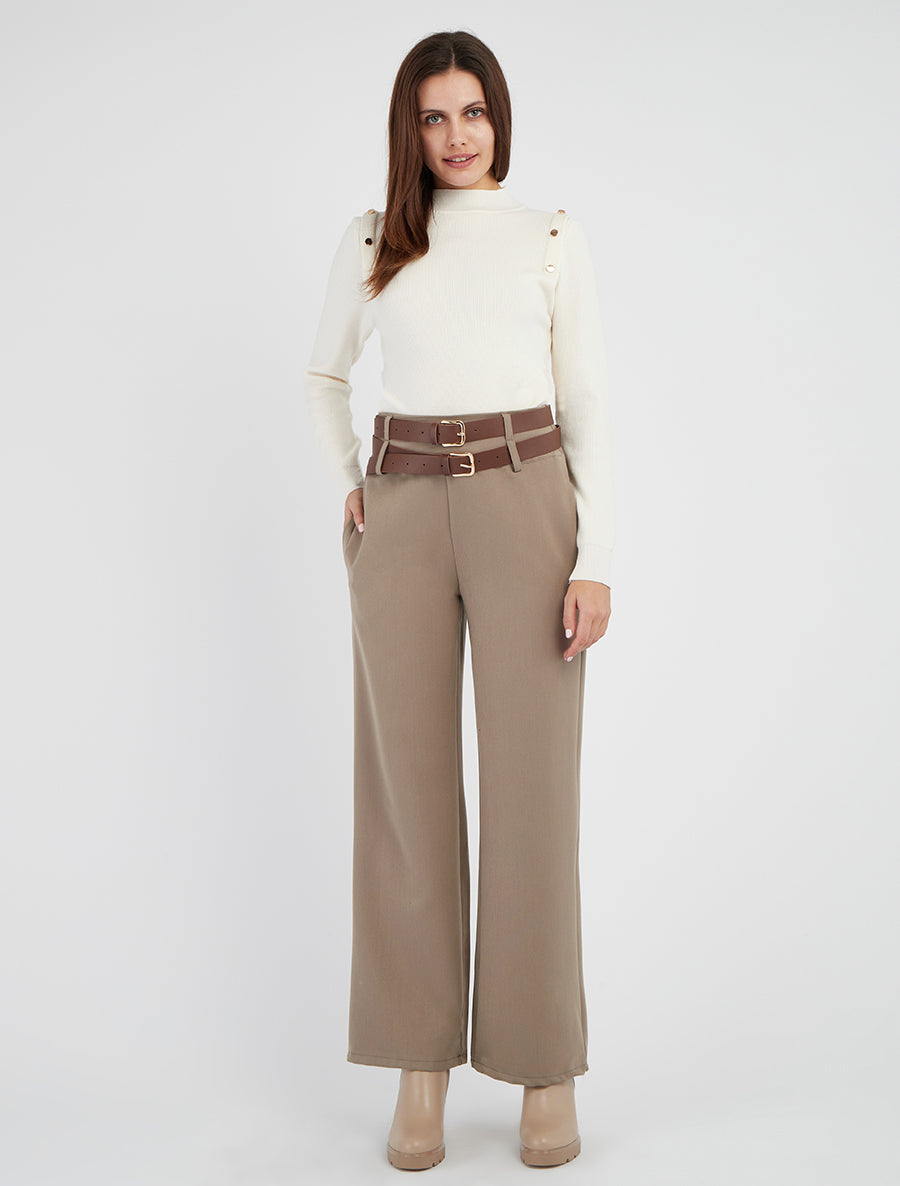 Pantalon droit à double ceintures - Taupe clair