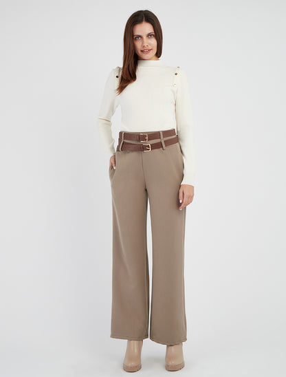 Pantalon droit à double ceintures - Taupe clair