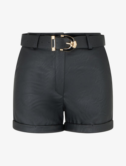 Short ceinturé à revers en simili - Noir - 1