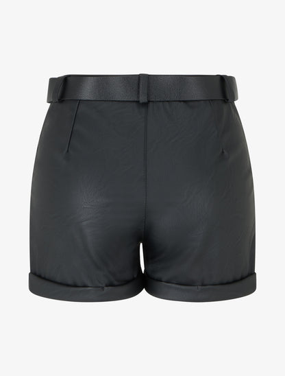 Short ceinturé à revers en simili - Noir - 2