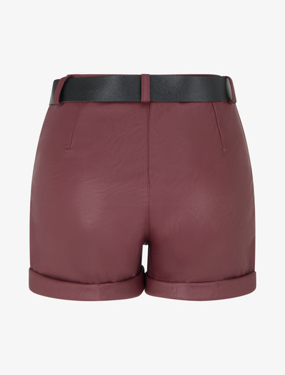 Short ceinturé à revers en simili - Lie de vin - 2