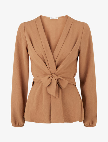 Blouse unie élastiquée à col cache coeur - Camel - 1